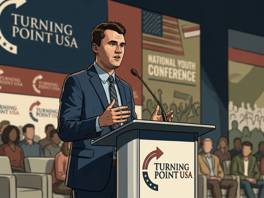 Charlie Kirk speaking at a Turning Point USA campus event in front of a live audience