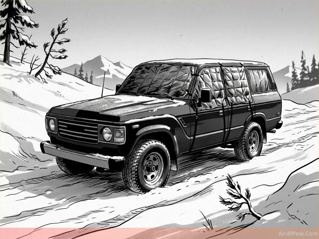 A car parked in snow with insulated thermal window covers installed