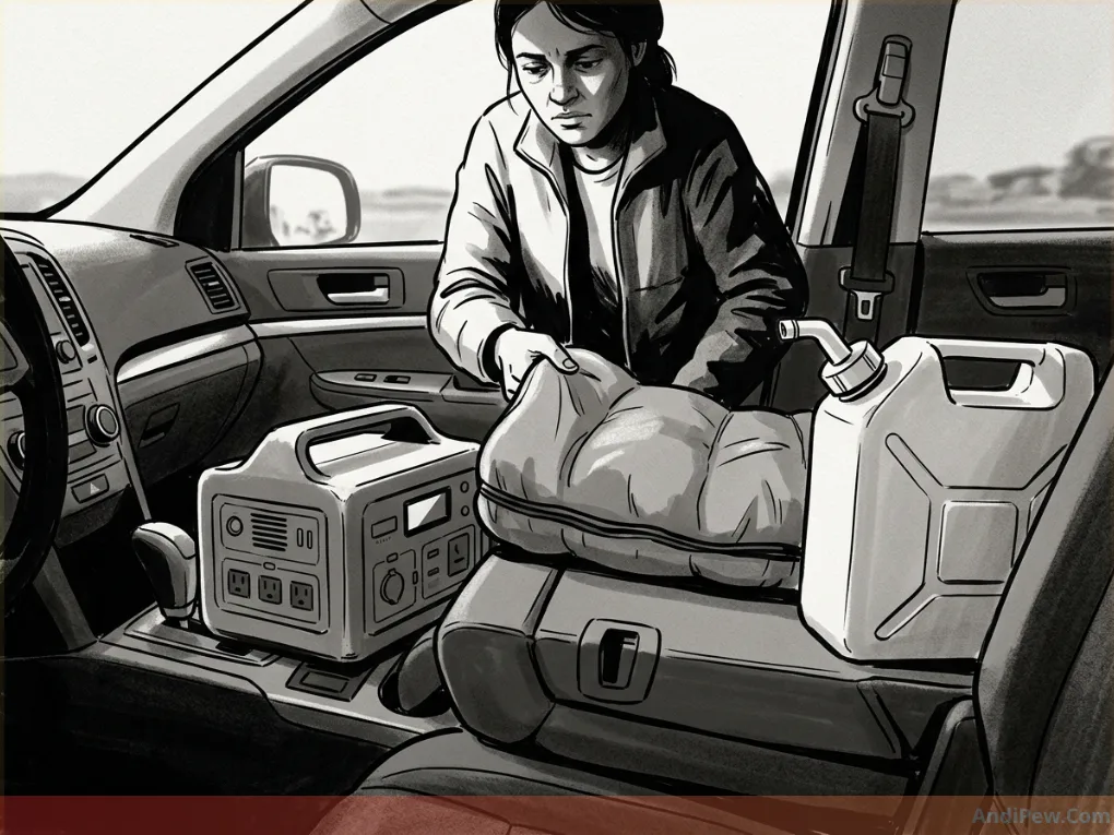 Essential items needed to live in your car including a power station, sleeping bag, and water container