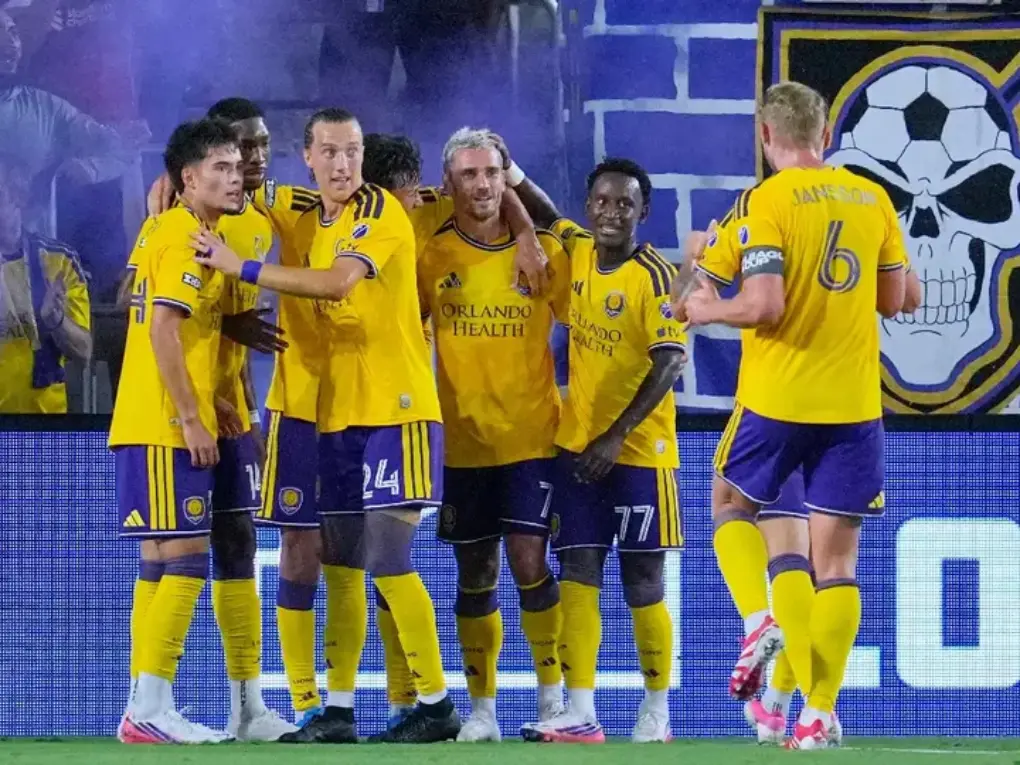 Orlando City SC players celebrating a goal against Atlético San Luis during a Leagues Cup match at Inter&Co Stadium